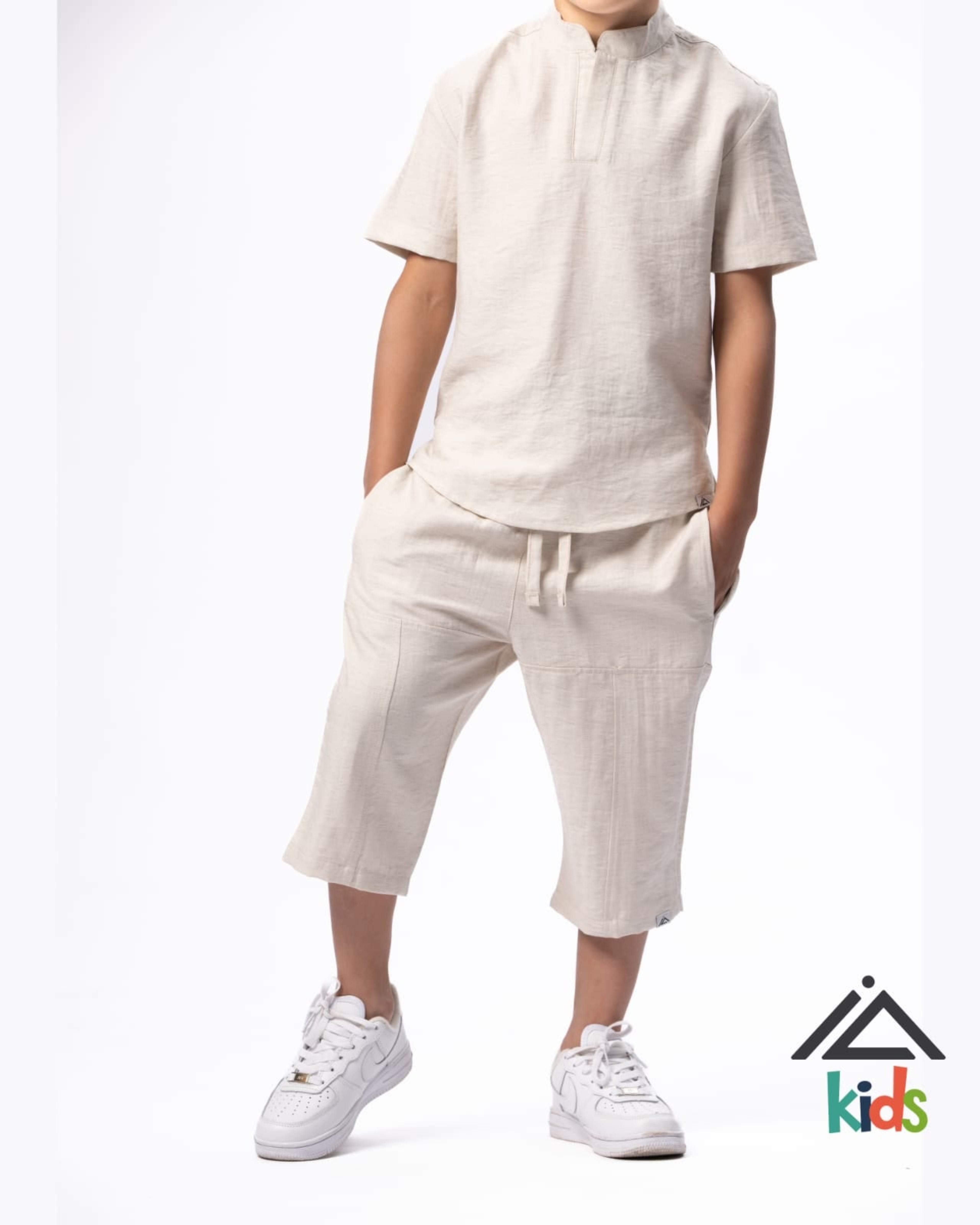 Ensemble Khalid Enfant – Haut Col Mao & Pantacourt en Simili Lin