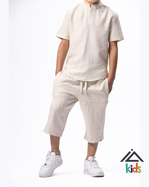 Ensemble Khalid Enfant – Haut Col Mao & Pantacourt en Simili Lin