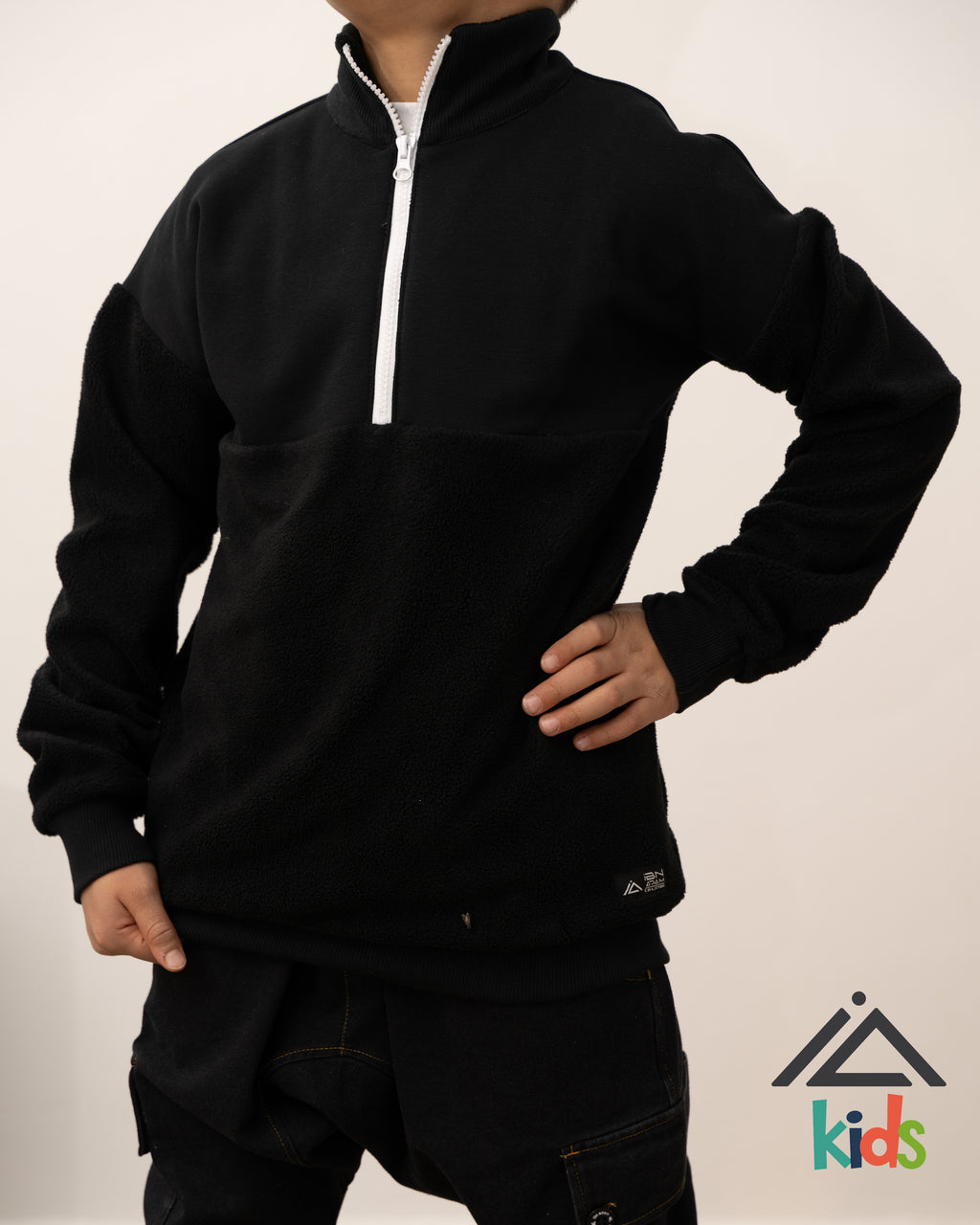 Pull polaire demi-zip à col haut - Noir