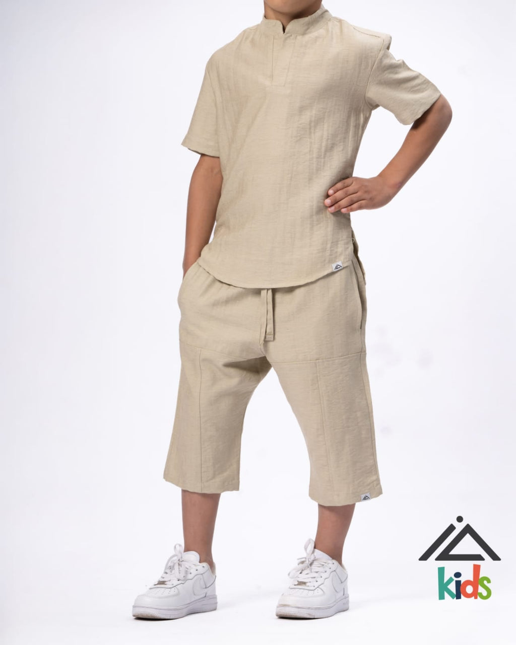 Ensemble Khalid Enfant – Haut Col Mao & Pantacourt en Simili Lin